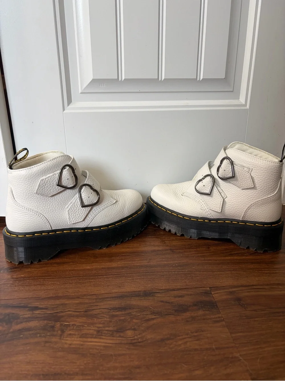 Dr Martens White Platform Heart-Buckle Women's Boots